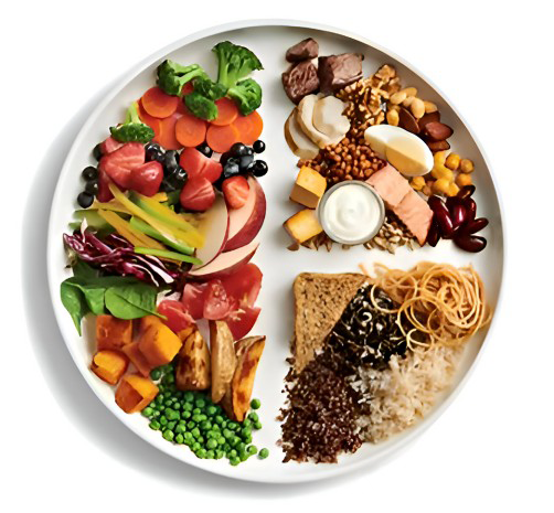 Vegetables, fruit, protein and carbs make up a healthy meal